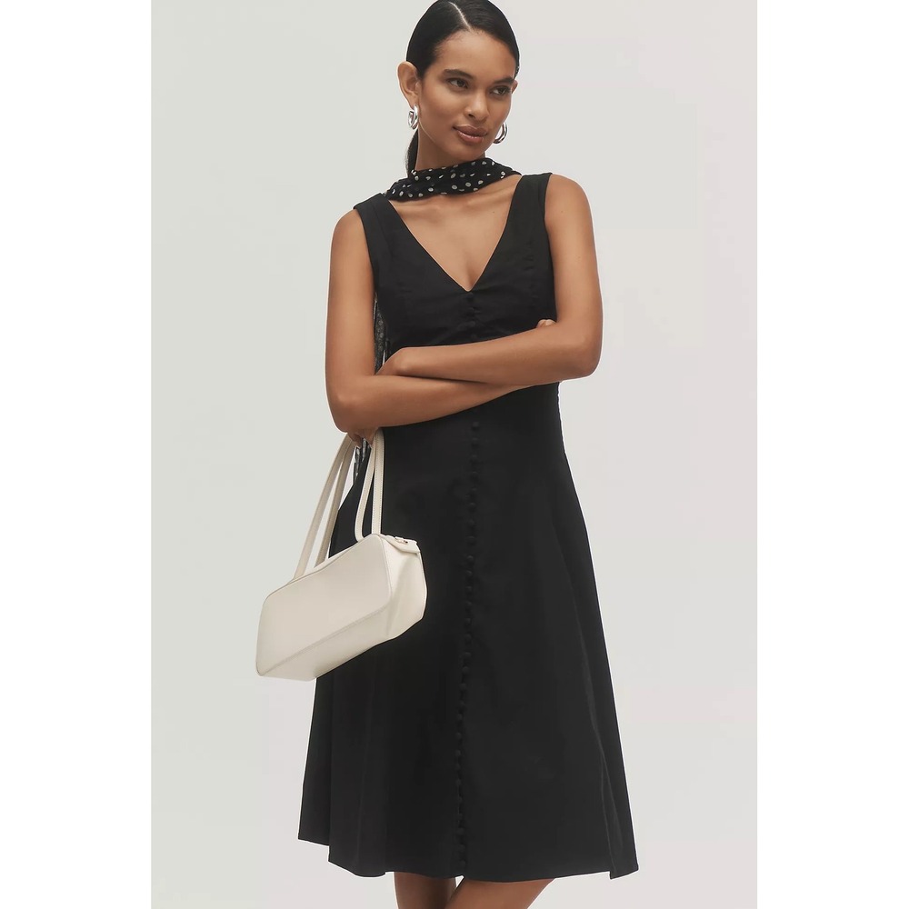 Anthropologie Sleeveless V-Neck Button-Front Cotton Midi Dress Black XS Petite